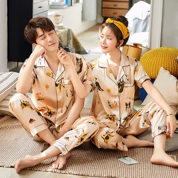 

Sexy Satin Couple Pajamas Set Silk Pajamas For Women And Men Lovers Short Sleeved Autumn Pyjamas Sleepwear Sets Pijama Mujer