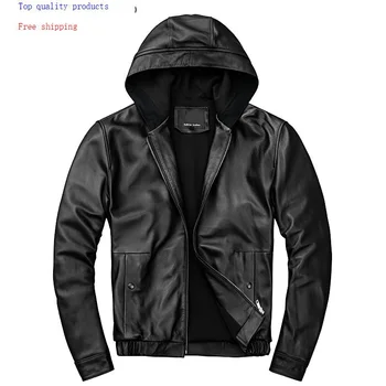 

Real Genuine Leather Jacket Men Hooded 100% Sheepskin Coat Short Spring Autumn Plus Size Men's Leather Jackets KJ2905