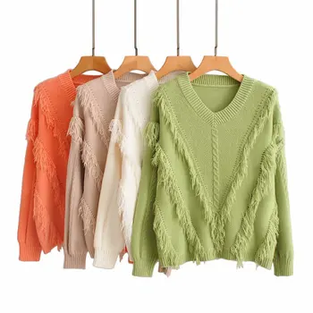 

2019 new v-neck sweater with fringed edge hot selling women sweater