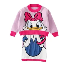 Детская Рождественская одежда; зимний свитер; топ и юбка с вышитой уткой из мультфильма; милая Одежда для девочек; осенний костюм для маленьких девочек