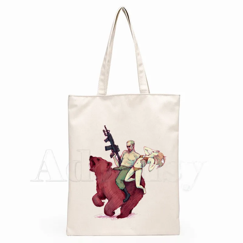 

PUTIN RIDING BEAR Women Female Foldable Canvas Shoulder Bag Canvas Tote Eco Shop Bag Canvas Tote Bag Casual HandBag Daily Use