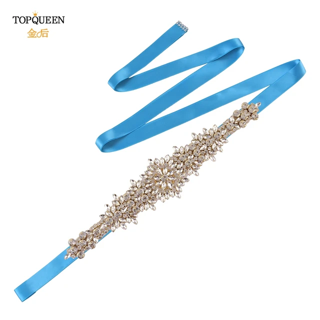 TOPQUEEN S319-G Luxury Bridal Belt Gold Rhinestone Applique Wedding Accessories Women Diamond Sash Moroccan Caftan Decoration blue ribbon