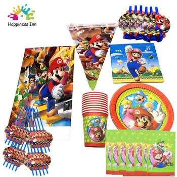 

117PCS/set Super Mario Theme Tableware Set Birthday Party Decorate Napkins Plates Cups Baby Shower Table Cover Hanging Banner