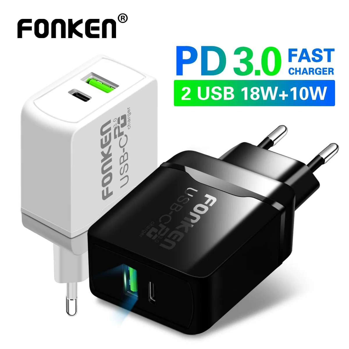 FONKEN USB C PD зарядное устройство с двумя портами для быстрой зарядки телефона адаптер с 2 портами 30 Вт QC 4,0 3,0 Быстрая зарядка настенное зарядное устройство s