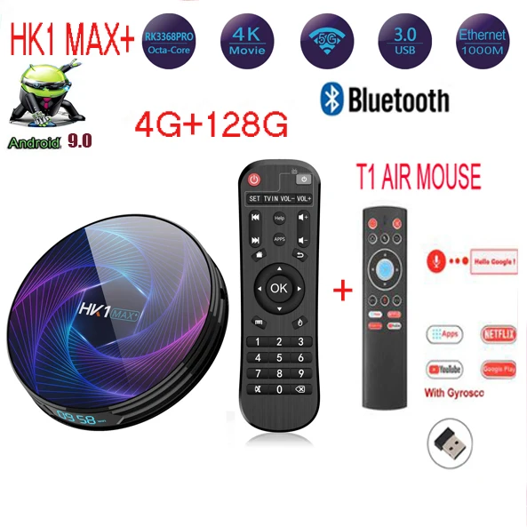 HK1 MAX Plus Восьмиядерный 1000m lan порт bt4 Android 9,0 Smart tv Box 4G 128G 64G 32G RK3368PRO usb 3,0 H.265 4K youtube Netflix - Цвет: 4G 128G T1