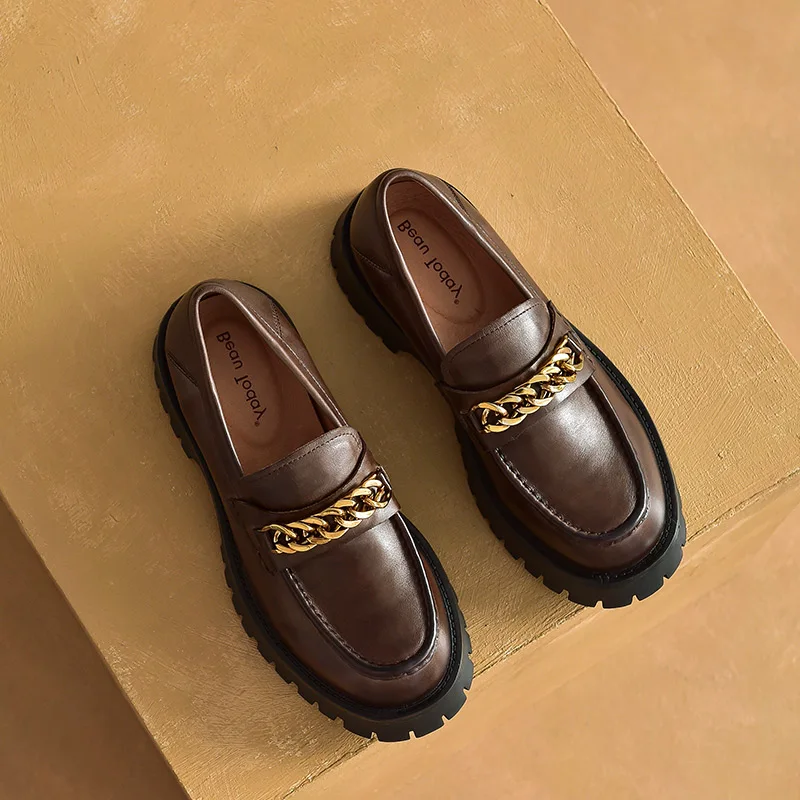 BeauToday Platform Loafers Women Genuine Cow Leather Round Toe Casual Flats Metal Chain Slip On Female Shoes Handmade 27756