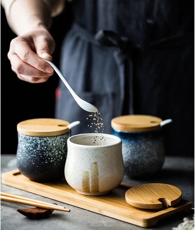 Японский стиль керамический набор банок для приправ бытовой с крышкой соль сахар приправа банка кухонные принадлежности приправа ящик для хранения