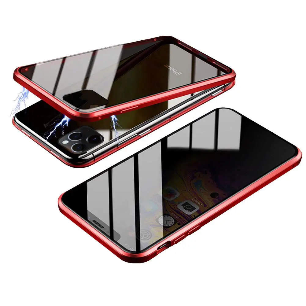 Магнитное закаленное стекло, металлический чехол для iPhone 11 Pro Max, антишпионский защитный двусторонний чехол для iPhone X XS - Цвет: Красный
