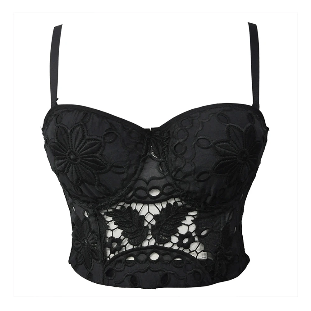 Женский черный кружевной бюстгальтер без косточек с цветочной вышивкой пуш-ап