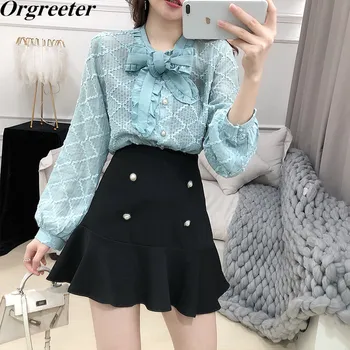 

Spring Suit Women 2020 Fashion Lace up Bow collar Plaid Print Pearl buckle Chiffon Shirt High waist Fishtail Skirt Two-piece Set