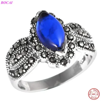 

BOCAI s925 pure silver rings for women ornaments Thai silver Handmade synthetic blue corundum female fashion jewelry