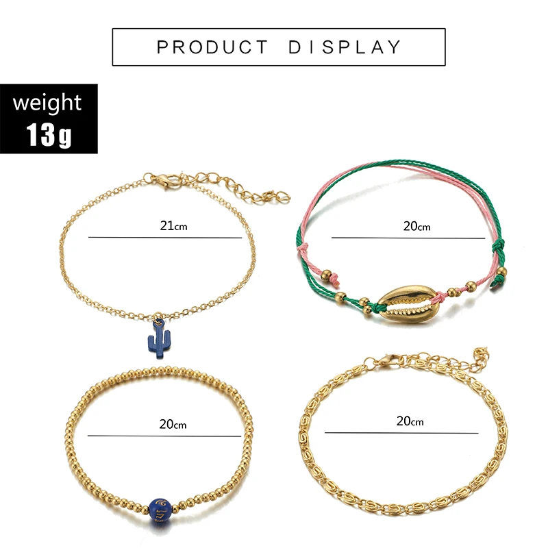 Tocona 4Pcs Charm Layering Gold Foot Anklet Bracelets for Women Lucky Beads Cactus Shell Beach Jewelry Gift 8613