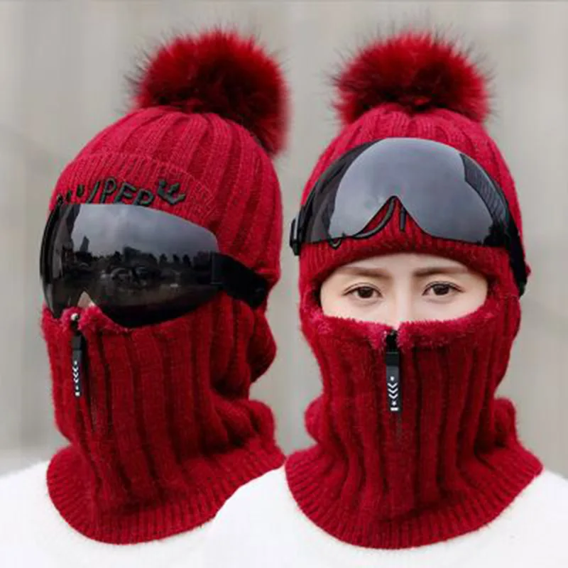 Женская Толстая теплая шапка Skullies, женская вязаная шапка с буквенным принтом, лыжные наборы для езды на велосипеде, зимние вязаные шапки