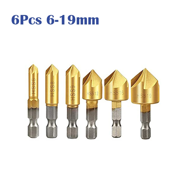 Countersink Drill Bit Set , Hexagonal Shank Titanium Coated Five Flutes