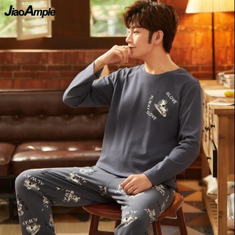 Men's Pajamas 2022 Spring Autumn New Cotton Long-sleeved Trousers Pijamas Set Korean Cute Casual Sleepwear Home Clothes Suit