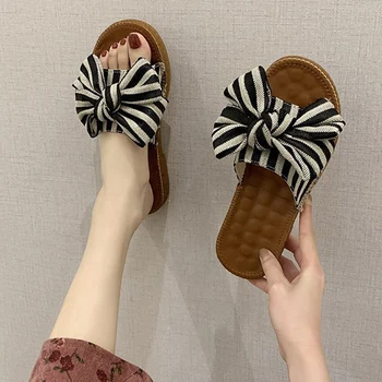 

2020 Women Low Heels Slippers Woman Stripe Bowtie Woman Knot Slides Casual Women's Beach Shoes Female Comfortable Footwear