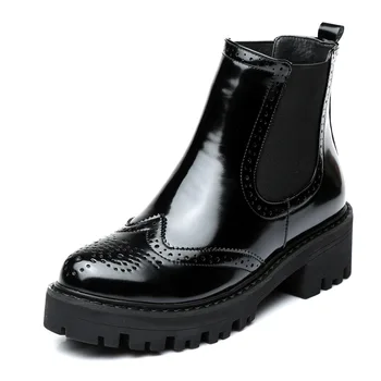 

Winter Women Chelsea Boots Patent Leather Thick Lining Slip On Waterproof Platform Chuncky Vintage Autumn Ankle Bullock Boots