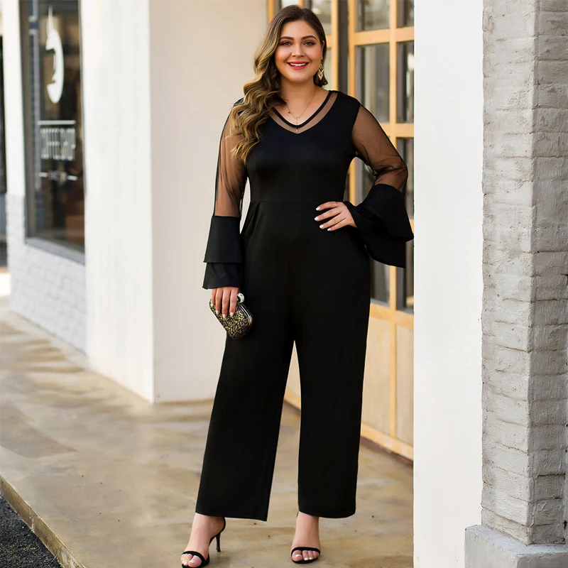 

Plus Size V Neck Black Jumpsuti Mesh Patchwork Wide Leg Playsuit Flare Sleeve Wide Leg Rompers Elegant Party Overalls For Women