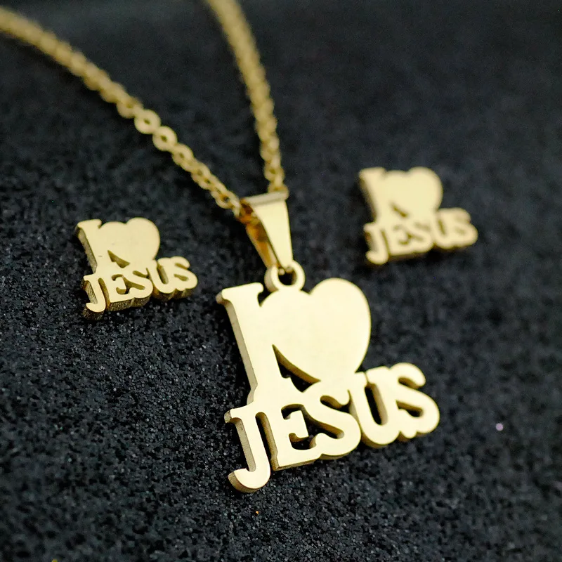 H5d6583dd004540a4b3ae79e1ee0cd737E Fashion Stainless Steel Jesus Cross Men Charm Heart Letter Pendant Necklace Jewelry Set Chain Christian Symbol Jewelry Gifts Mallzona