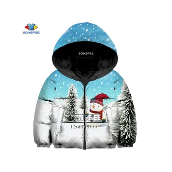 

SONSPEE 3D Print Merry Christmas Kid Winter Down Jacket Hooded Down-jacket Thin Cotton Casual Coat Boys Girls Children Clothing