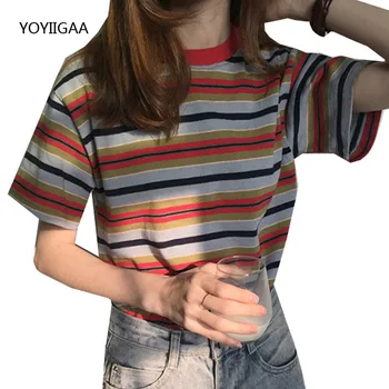 

T Shirt Women Striped Tee Tops Summer Casual Female T-shirt Harajuku Oversized Ladies Tshirts O-Neck Loose Woman T-shirt Tees