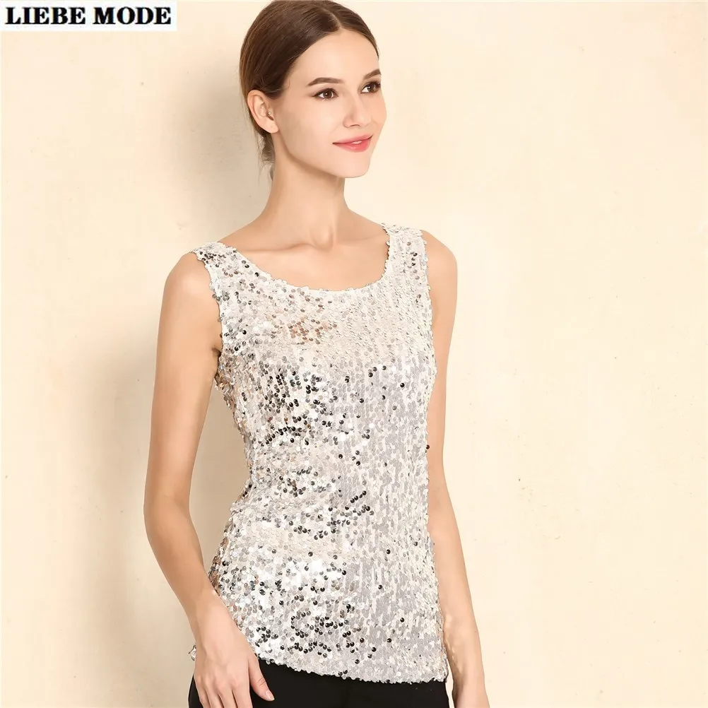 

2021 Summer Gold Silver Black Sequin Crop Top Sexy Sleeveless T Shirt Women O-neck Tank Tops Casual Slim Vest