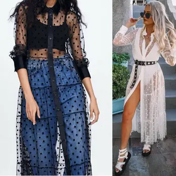 

Women Summer Boho Polka Dot Dress Evening Party Beach Cover-Ups Dresses Long Sleeve Loose Mesh Sheer Sundress Clothes