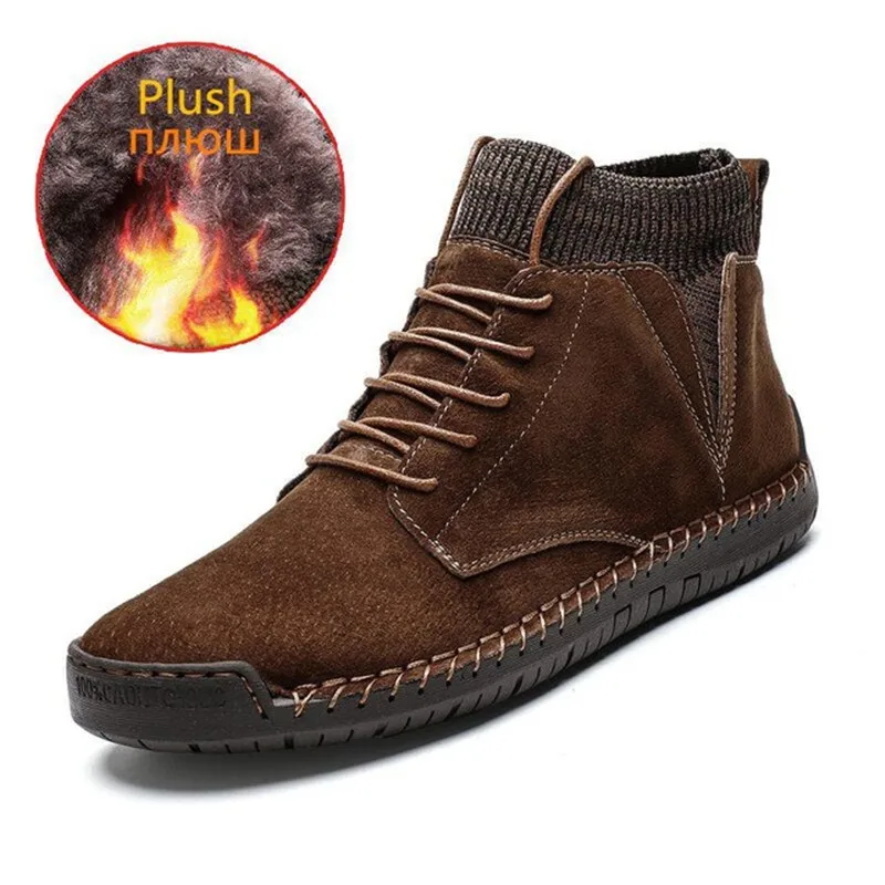 

Size 38-48 Men Leather Boots Winter Warm Snow Boots High Quality Cow Suede Fur Mens Shoes Plush Fashion Man Rubber Ankle Boots