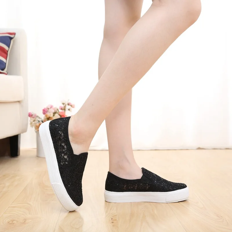 

MENGSAI Q638 Korean-style Women's Loafers Slip-on Lazy Summer Platform Heel Lace Mesh Shoes Bright