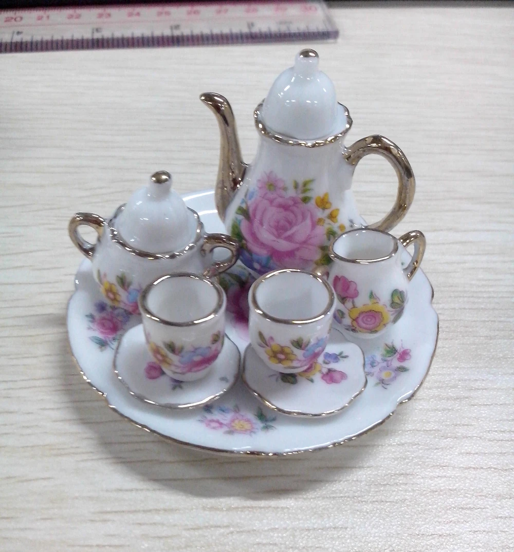 8PCS Flower Pattern Charms Dish Plate Tea Cup Set for 1/6 Scale Dollhouse House Miniature Pot Porcelain Ceramic Flower Print