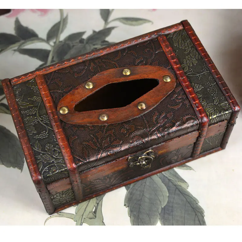 

1 * Tissue Box (Paper NOT Included) Retro Vintage Copper Ring Pattern Wooden Paper Tissue Box Holder Home Car Decor