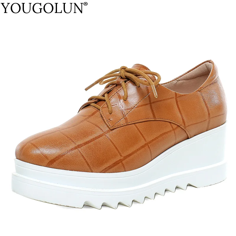 

Women Sneakers Cow Leather Spring Platform Flats Increased New Sneaker C274 Woman Comfortable Red Black Caramel Lace up Shoes