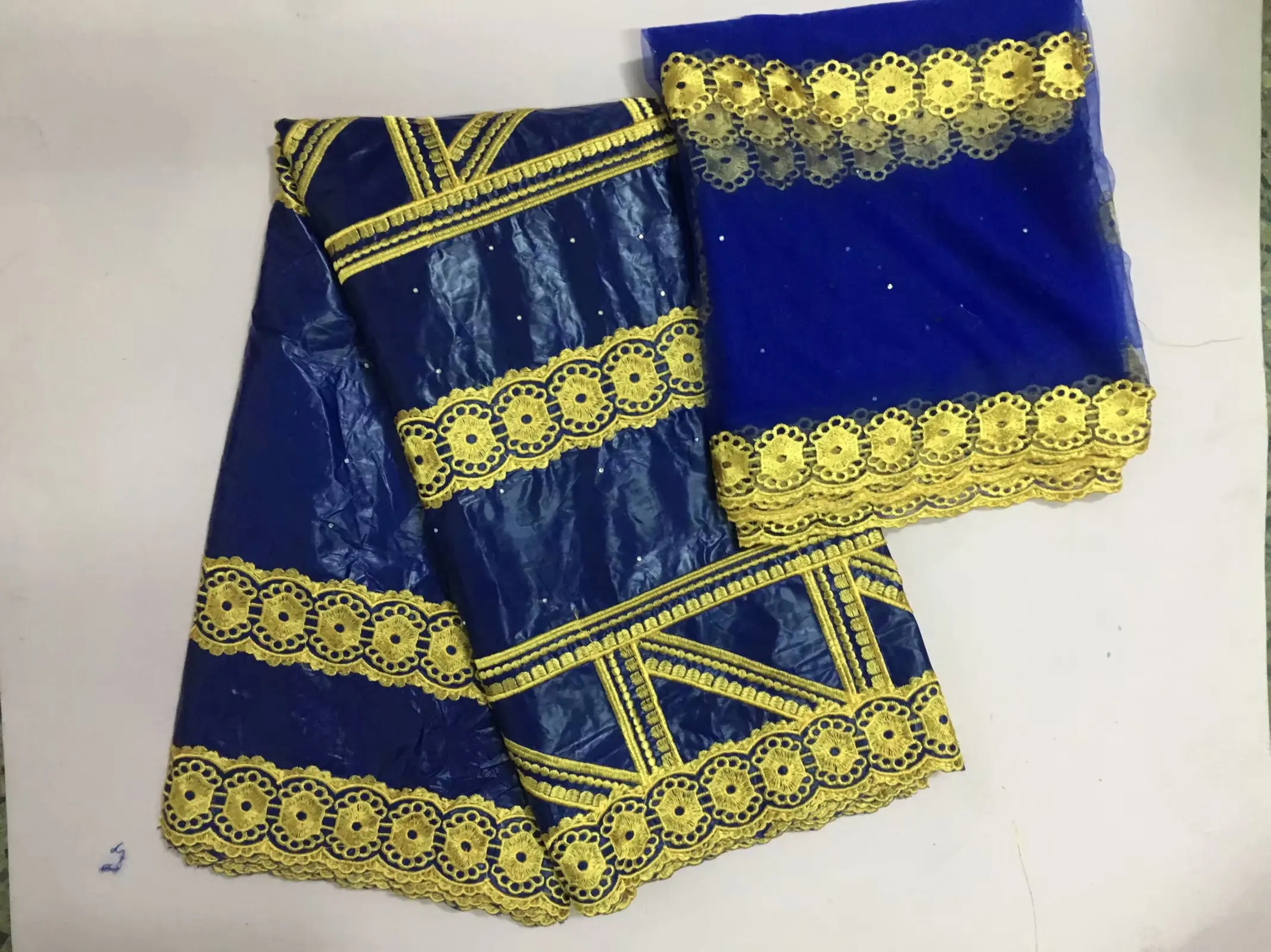 

Royal Blue Bazin Riche Jacqurad Lace Fabrics With Net Blouse Beaded Embroidered Guipure Gold Line Nigerian Basin Dress Material