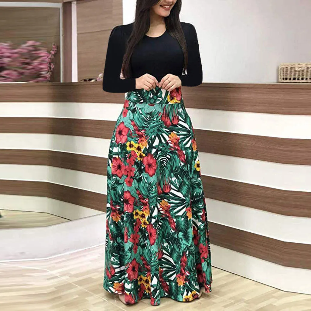 

JAYCOSIN Women Dress Long Sleeves O Neck Patchwork Women Dresses Floral Printed Draped Vestidos Female Long Maxi Dress Robe 803W