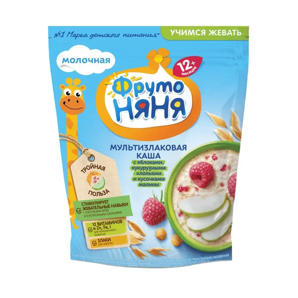 Каша молочная ФрутоНяня мультизлаковая яблоко кукурузные хлопья кусочки малины