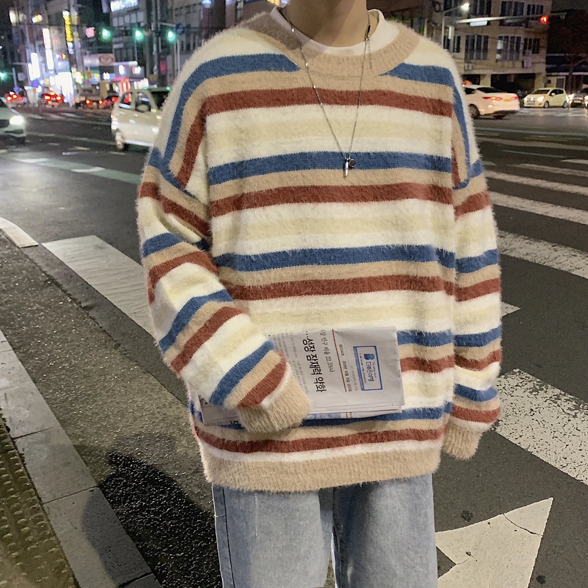 Winter Thick Sweater Men's Warm Fashion Contrast Color O-neck Knit Pullover Men Loose Striped Sweaters Male Sweter Clothes - Цвет: Yellow stripes