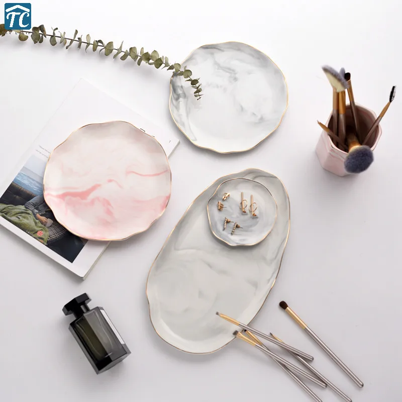  Marble Tray Ceramic Dinner Plate Dish Glod Nordic Style Jewelry Storage Cosmetics Display Plates Se