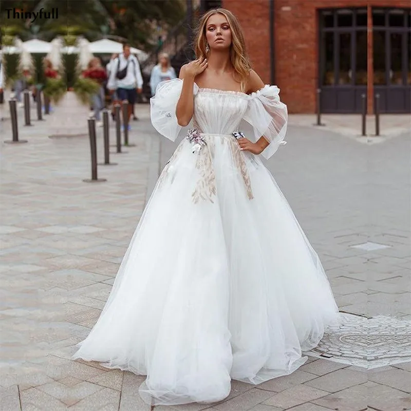 

Thinyfull Boho Off Shoulder Wedding Dresses With Sleeve Illusion Lace 3D Appliques Beach A-Line Bride Dress Princess Robe Mariee