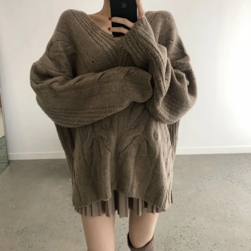 RUGOD, женский свитер, корейский шик, v-образный вырез, вязаные свитера, Осень-зима, теплые, утолщенные, пуловеры, модная одежда больших размеров