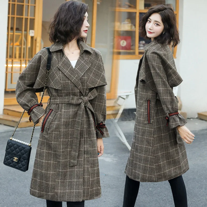 

Plaid 2019 Autumn Versatile Fashion Elegant Korean-style Hidden Button Mid-length Trench Coat