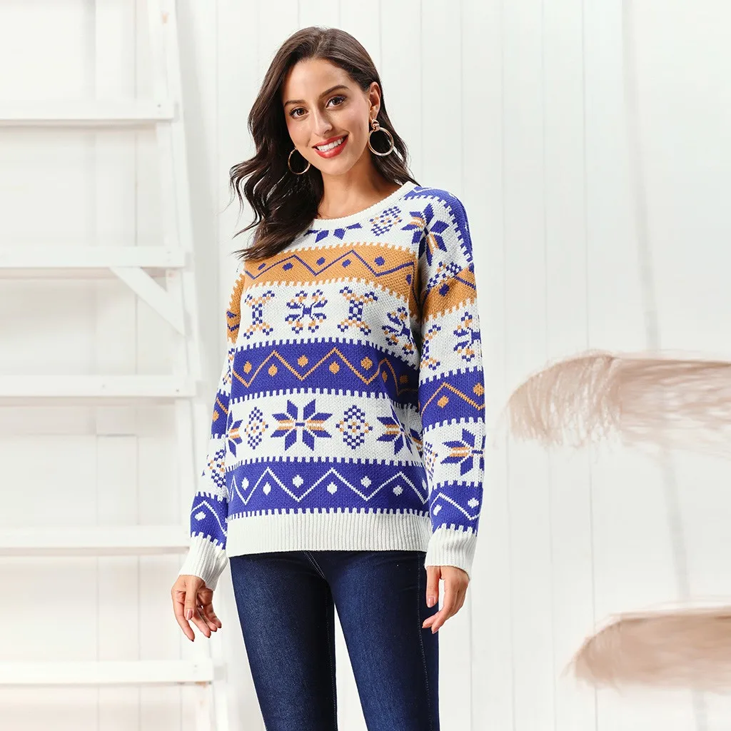 Осенне-зимний вязаный хлопковый свитер, женский свободный пуловер с круглым вырезом, Женский вязаный Рождественский свитер с геометрическим рисунком лося и снежинки
