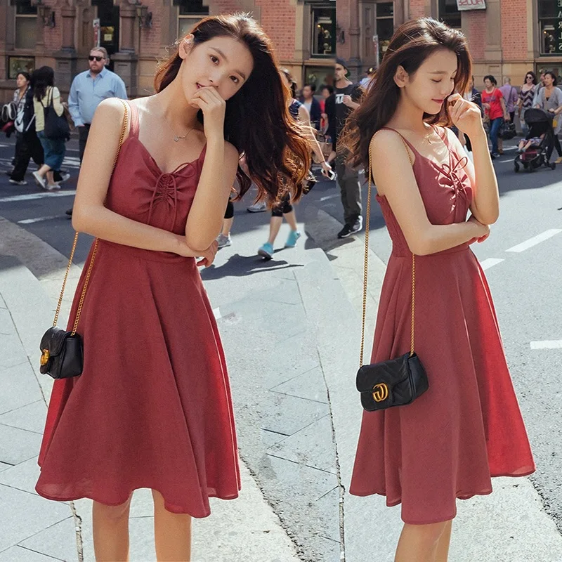

Photo Shoot CHIC Retro Rosy Brown V-neck Pleated Lace-up Slim Fit Camisole Normcore Style A- line Big Hemline Dress Women's Summ