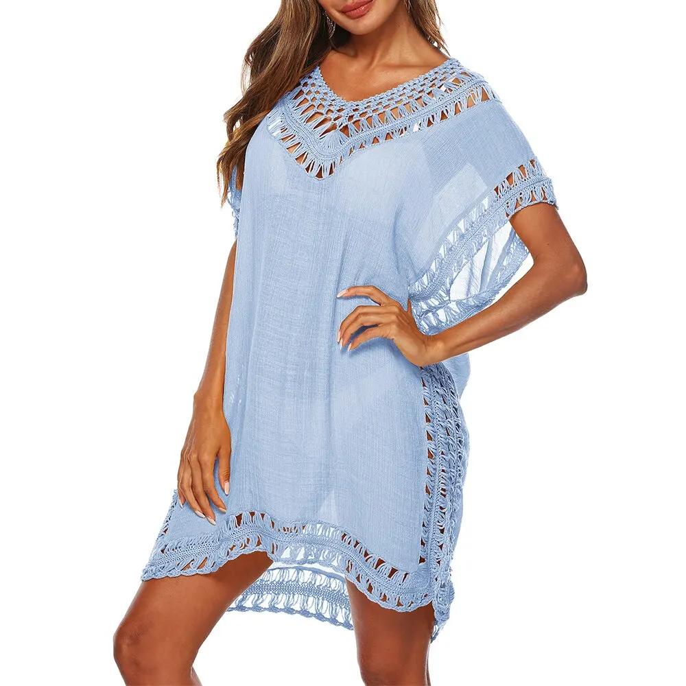 bathing suit and cover up set 2022 Sexy Women Loose Beach Dress Tunic Solid Bikini Cover UP Swimsuit Beachwear Swimwear Hollow Out Beach Dress Robe De Plage bathing suit dress cover ups