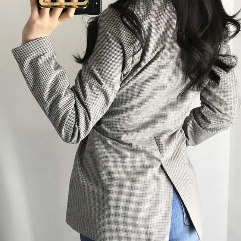 Fall Winter Women Slim Waist Office Blazers Work Suit Plaid Jackets Coats Double-Breasted Long Sleeve Jackets Ladies