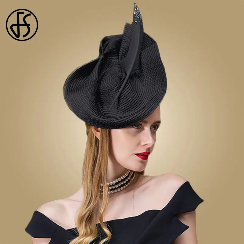 Женская винтажная шляпка Таблетка FS черная с перьями для церкви и торжественных
