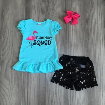 

baby girls summer outfits flamingo squad blue shirt black sequin short with bow