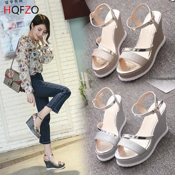 

HQFZO Wedges Heels Buckle Sandals Platform Open Toe Narrow Band Sandalia Feminina Women Summer Shoes Mujer 2020 New