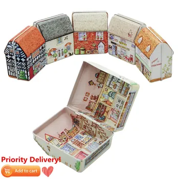 

Mini House Shape Metal Box Empty Tin Storage Box Tinplate Random Dream House Wedding Candy Container Small Storage Box Kids Gift