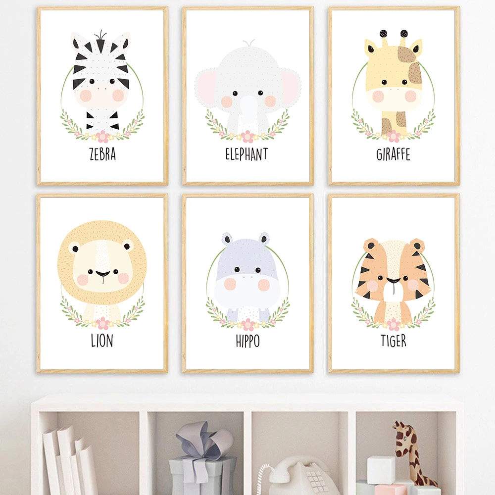 

Flower Zebra Elephant Giraffe Animal Baby Nursery Wall Art Poster Print Canvas Painting Cut Picture Nordic Kids Bedroom Decor