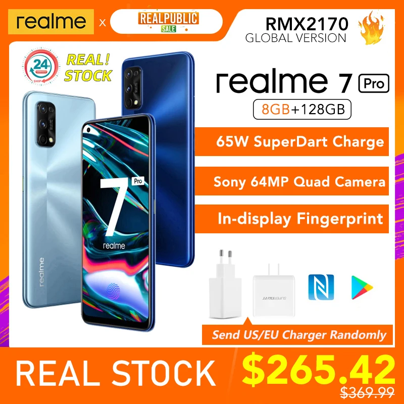 realme 7 Pro Global Version 8GB RAM 128GB ROM 65W SuperDart Charge 64MP Quad Camera AMOLED In-display Fingerprint